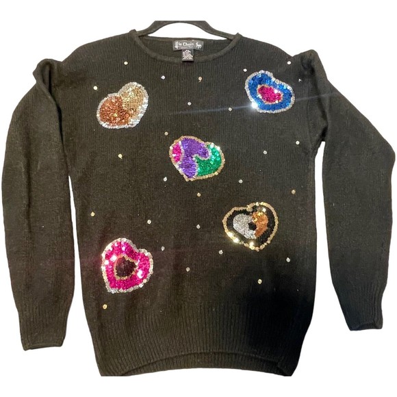 Le Chois Vintage Sweater Pullover Sequin Hearts‎ Petite L Silk Angora Lambs wool - Picture 2 of 11